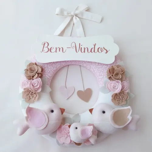 Guirlanda + Móbile Musical Pássaros Nude e Rosa - Bem-vindos