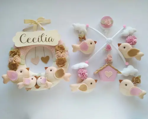 Guirlanda + Móbile Musical Pássaros Nude e Rosa - Cecília