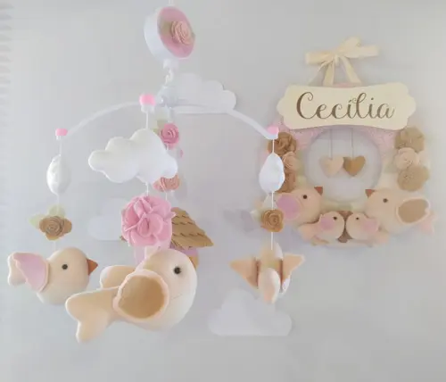 Guirlanda + Móbile Musical Pássaros Nude e Rosa - Cecília