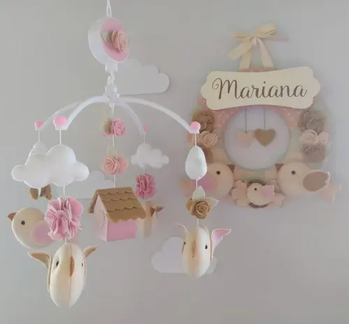 Guirlanda + Móbile Musical Pássaros Nude e Rosa - Mariana