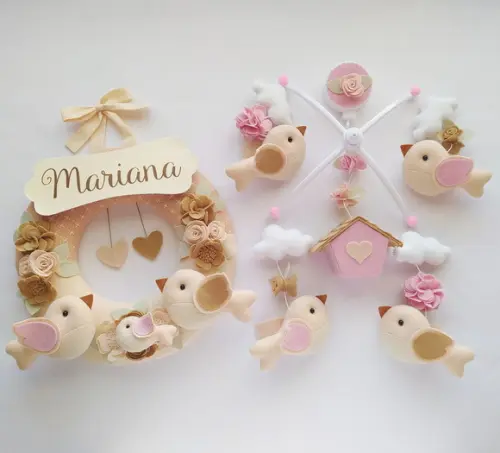Guirlanda + Móbile Musical Pássaros Nude e Rosa - Mariana