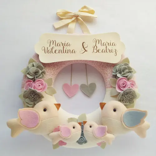 Guirlanda + Móbiles Musicais Pássaros Cinza e Rosa - Gêmeas
