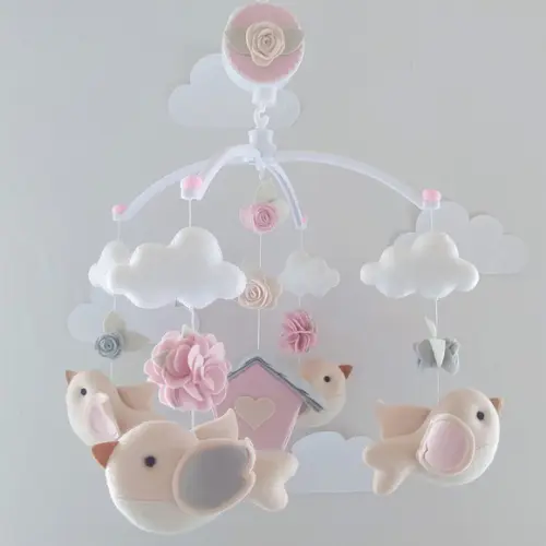 Guirlanda + Móbiles Musicais Pássaros Cinza e Rosa - Gêmeas