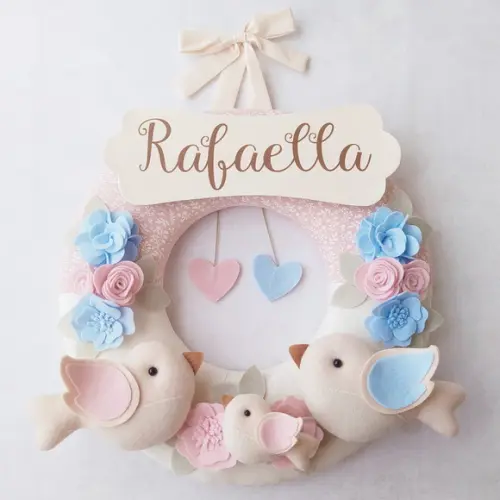 Guirlanda Passarinhos de Feltro Azul e Rosa - Rafaella