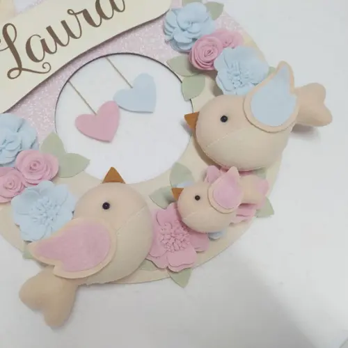 Guirlanda Passarinhos de Feltro Azul e Rosa Laura