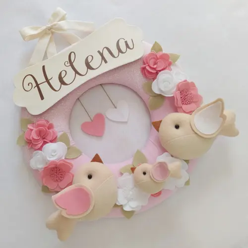 Guirlanda Passarinhos de Feltro Branco e Rosa - Helena