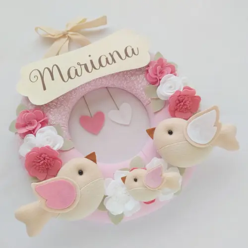 Guirlanda Passarinhos de Feltro Branco e Rosa - Mariana
