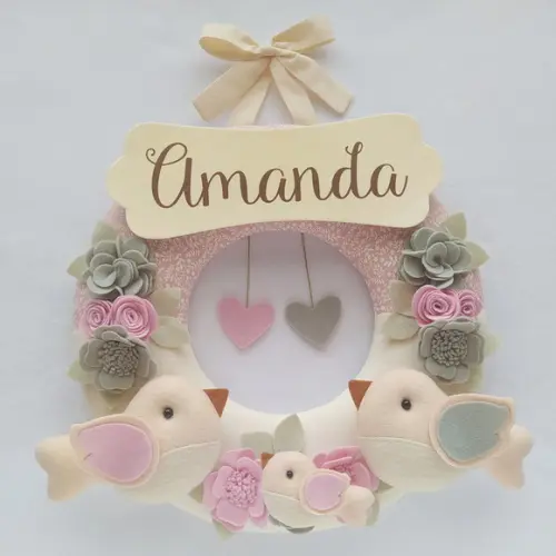 Guirlanda Passarinhos de Feltro Cinza e Rosa - Amanda