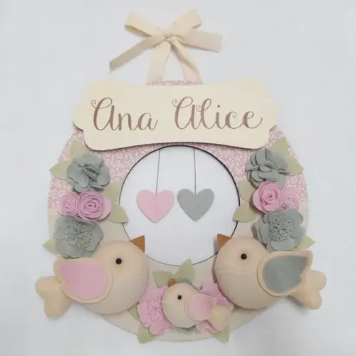 Guirlanda Passarinhos de Feltro Cinza e Rosa - Ana Alice