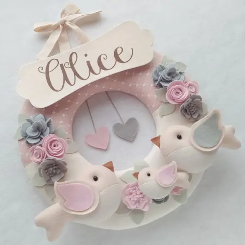 Guirlanda Passarinhos de Feltro Cinza e Rosa - Alice