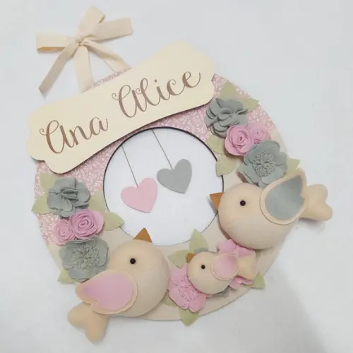 Guirlanda Passarinhos de Feltro Cinza e Rosa - Ana Alice