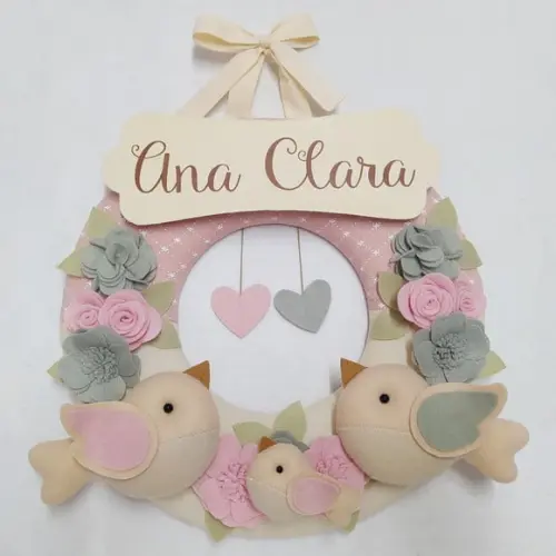 Guirlanda Passarinhos de Feltro Cinza e Rosa - Ana Clara