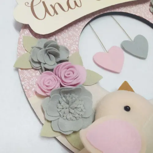 Guirlanda Passarinhos de Feltro Cinza e Rosa - Ana Alice