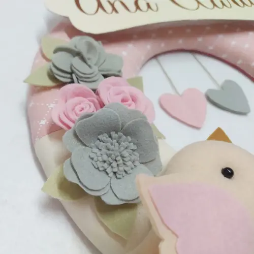 Guirlanda Passarinhos de Feltro Cinza e Rosa - Ana Clara