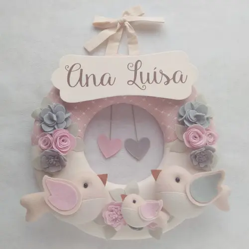 Guirlanda Passarinhos de Feltro Cinza e Rosa - Ana Luísa
