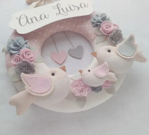 Guirlanda Passarinhos de Feltro Cinza e Rosa - Ana Luísa