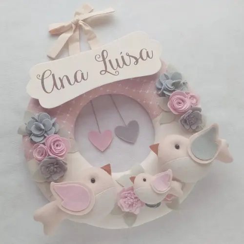 Guirlanda Passarinhos de Feltro Cinza e Rosa - Ana Luísa