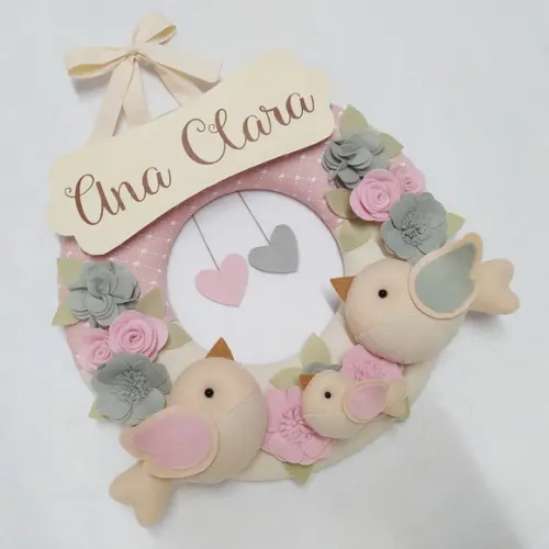 Guirlanda Passarinhos de Feltro Cinza e Rosa - Ana Clara