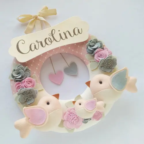Guirlanda Passarinhos de Feltro Cinza e Rosa - Carolina