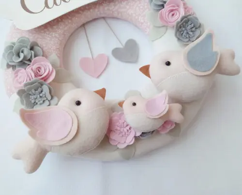 Guirlanda Passarinhos de Feltro Cinza e Rosa - Caterina
