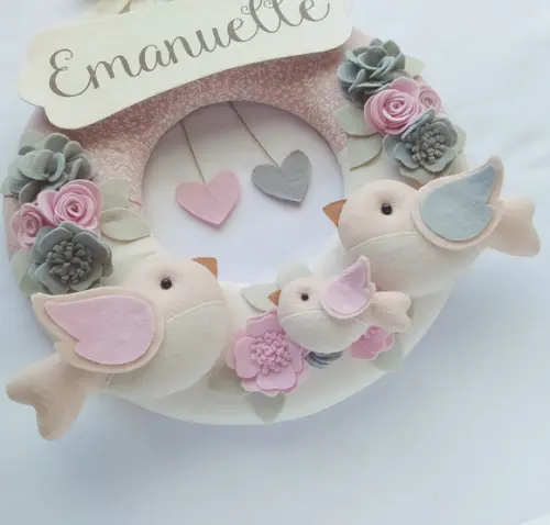 Guirlanda Passarinhos de Feltro Cinza e Rosa - Emanuelle