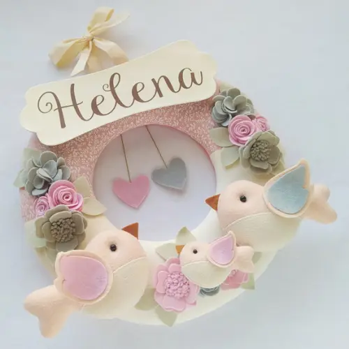 Guirlanda Passarinhos de Feltro Cinza e Rosa - Helena