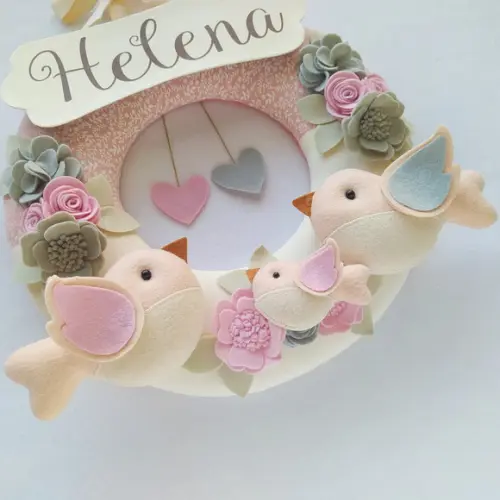 Guirlanda Passarinhos de Feltro Cinza e Rosa - Helena
