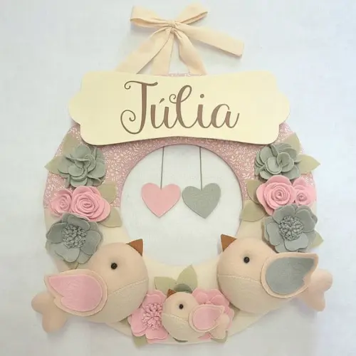 Guirlanda Passarinhos de Feltro Cinza e Rosa - Júlia