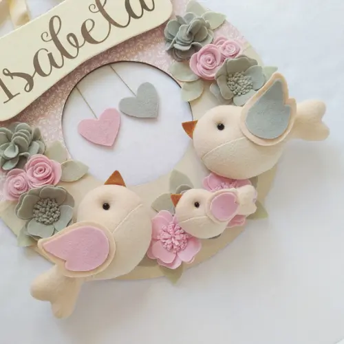 Guirlanda Passarinhos de Feltro Cinza e Rosa - Isabela