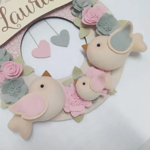 Guirlanda Passarinhos de Feltro Cinza e Rosa - Laura