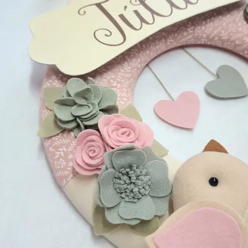 Guirlanda Passarinhos de Feltro Cinza e Rosa - Júlia