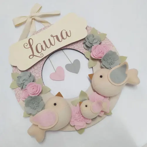 Guirlanda Passarinhos de Feltro Cinza e Rosa - Laura