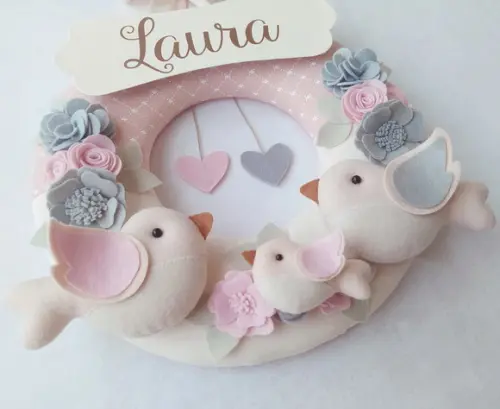Guirlanda Passarinhos de Feltro Cinza e Rosa - Laura