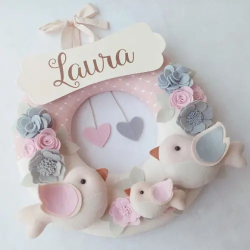 Guirlanda Passarinhos de Feltro Cinza e Rosa - Laura