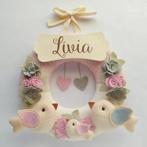 Guirlanda Passarinhos de Feltro Cinza e Rosa - Lívia