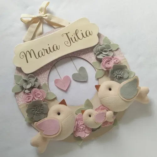 Guirlanda Passarinhos de Feltro Cinza e Rosa - Maria Júlia