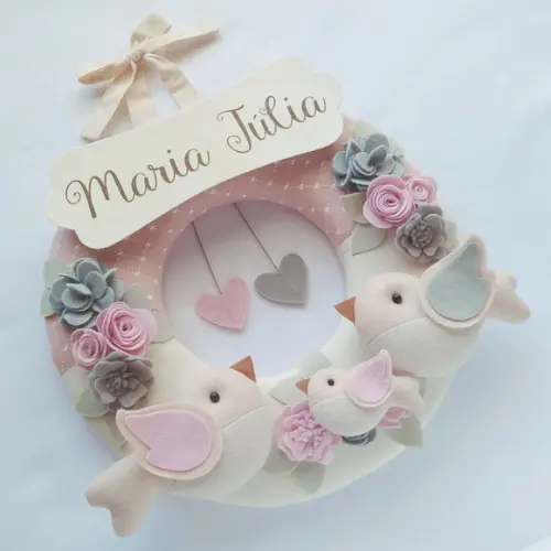 Guirlanda Passarinhos de Feltro Cinza e Rosa - Maria Júlia