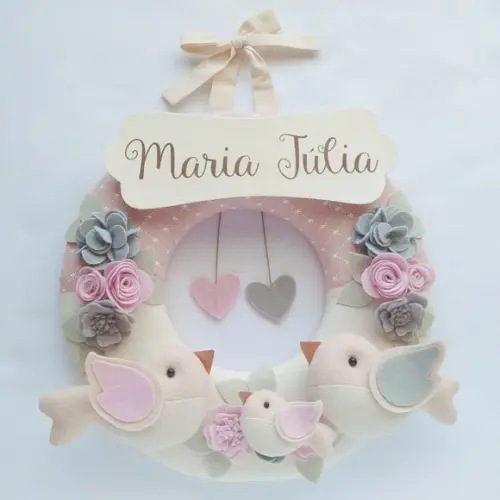 Guirlanda Passarinhos de Feltro Cinza e Rosa - Maria Júlia