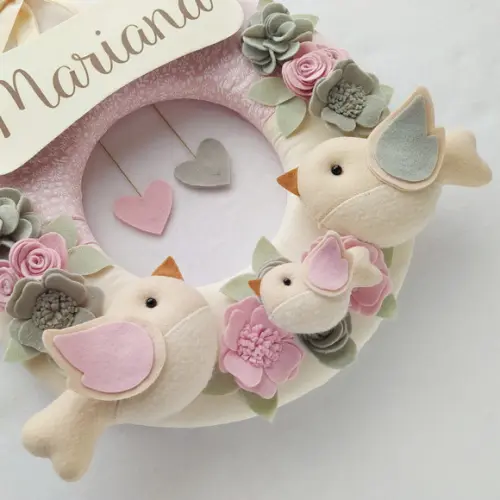 Guirlanda Passarinhos de Feltro Cinza e Rosa - Mariana