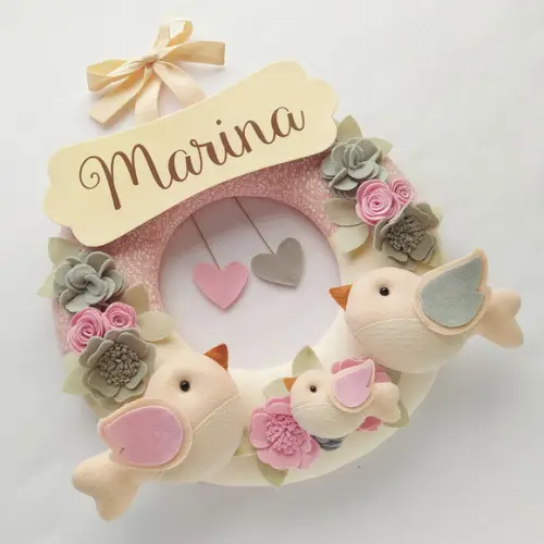 Guirlanda Passarinhos de Feltro Cinza e Rosa - Marina