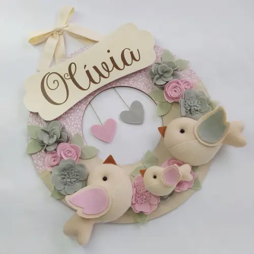 Guirlanda Passarinhos de Feltro Cinza e Rosa - Olívia
