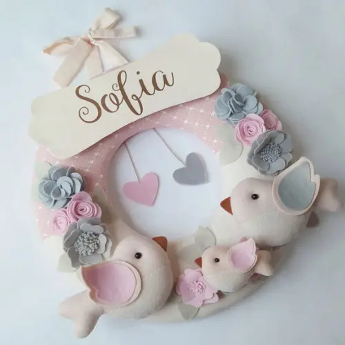 Guirlanda Passarinhos de Feltro Cinza e Rosa - Sofia