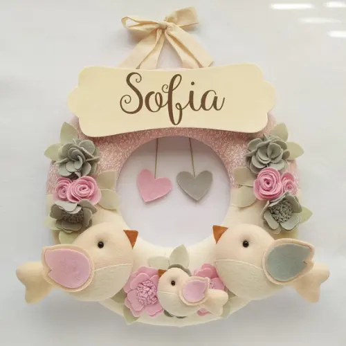 Guirlanda Passarinhos de Feltro Cinza e Rosa - Sofia