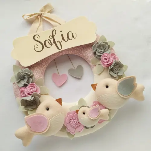 Guirlanda Passarinhos de Feltro Cinza e Rosa - Sofia