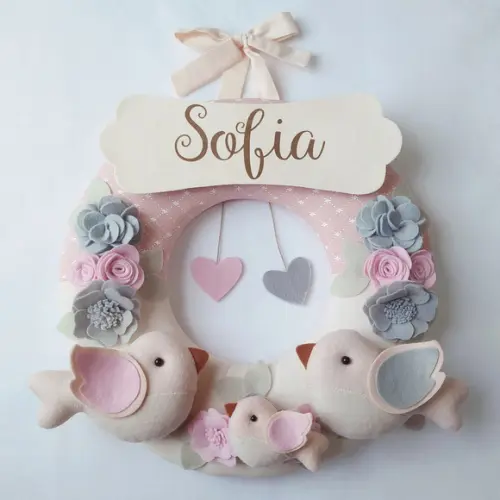 Guirlanda Passarinhos de Feltro Cinza e Rosa - Sofia