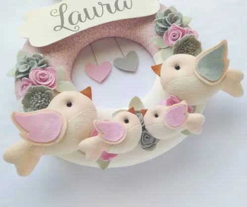 Guirlanda Passarinhos de Feltro Cinza e Rosa Laura