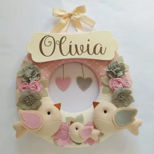 Guirlanda Passarinhos de Feltro Cinza e Rosa Olívia