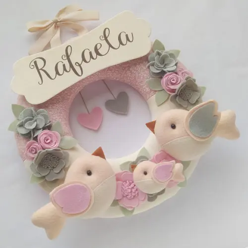 Guirlanda Passarinhos de Feltro Cinza e Rosa Rafaela