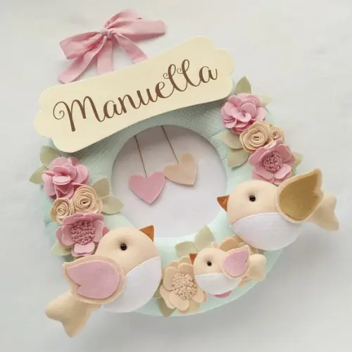 Guirlanda Passarinhos de Feltro Verde e Rosa - Manuella