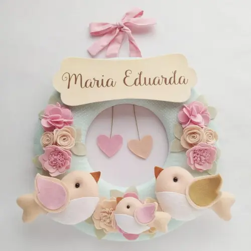 Guirlanda Passarinhos de Feltro Verde e Rosa - Maria Eduarda